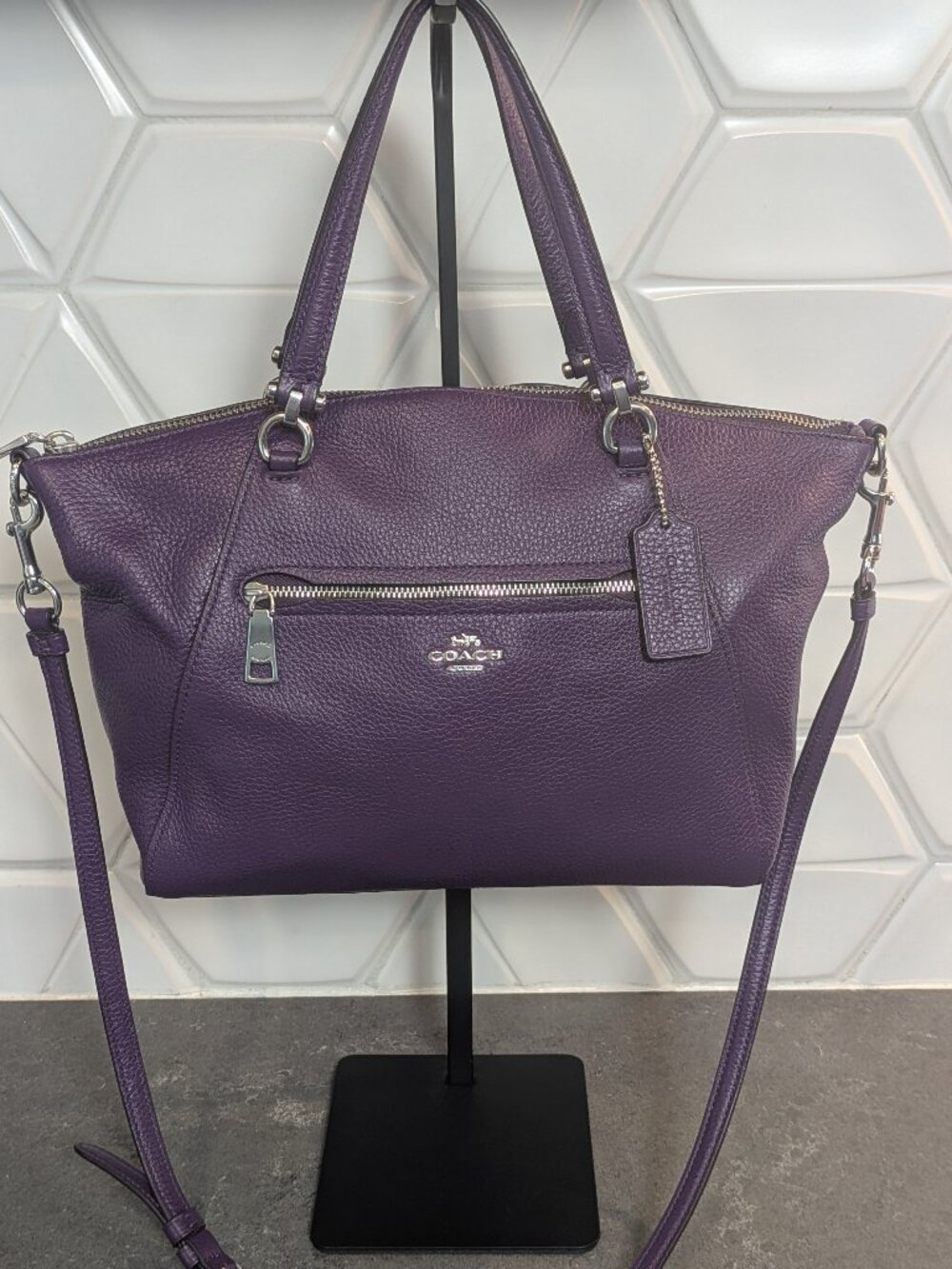 Coach Prairie Satchel Purple Pebbled Leather Crossbody Shoulder Bag Womens